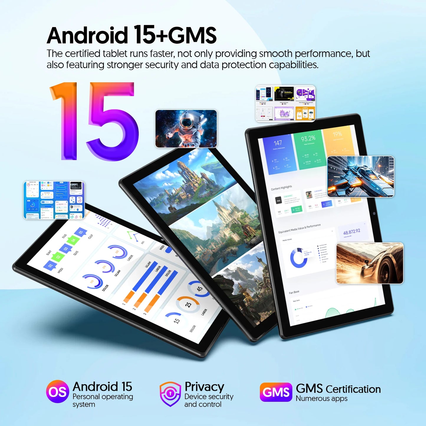 BAKEN 10-inch Android 15 tablet, quad-core processor, 12GB (3+9 expansion) RAM + 64GB storage, 5G WiFi, 1280*800 dual cameras.