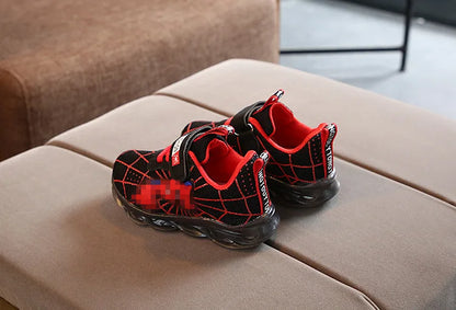 Disney LED Casual Sneakers Red Black For Spring Boys Spider-man Mesh Outdoor Shoes Children Lighted Non-slip Shoes Size 21-30.