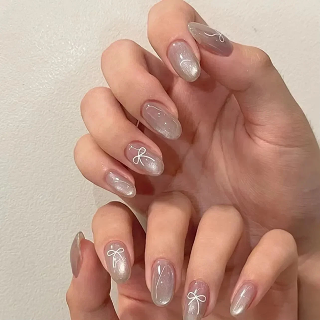 White Glitter Powder Bowknot Long Pointed Fake Nails Art Ballet False Nail Cow Print Pearl Rhinestone Pink Almond Press on Nails