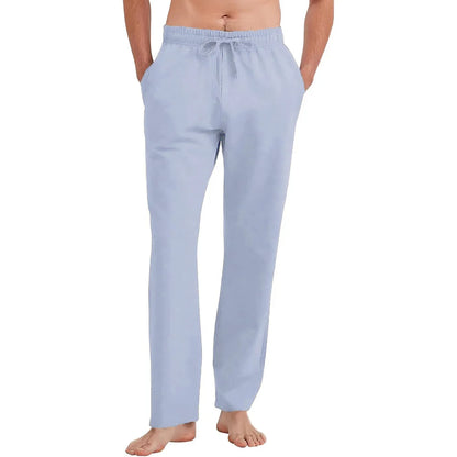 Men's Cotton Linen Straight Leg Pants Lightweight Breathable Casual Solid Color Simple Style Long Pants Elastic Waist Trousers.