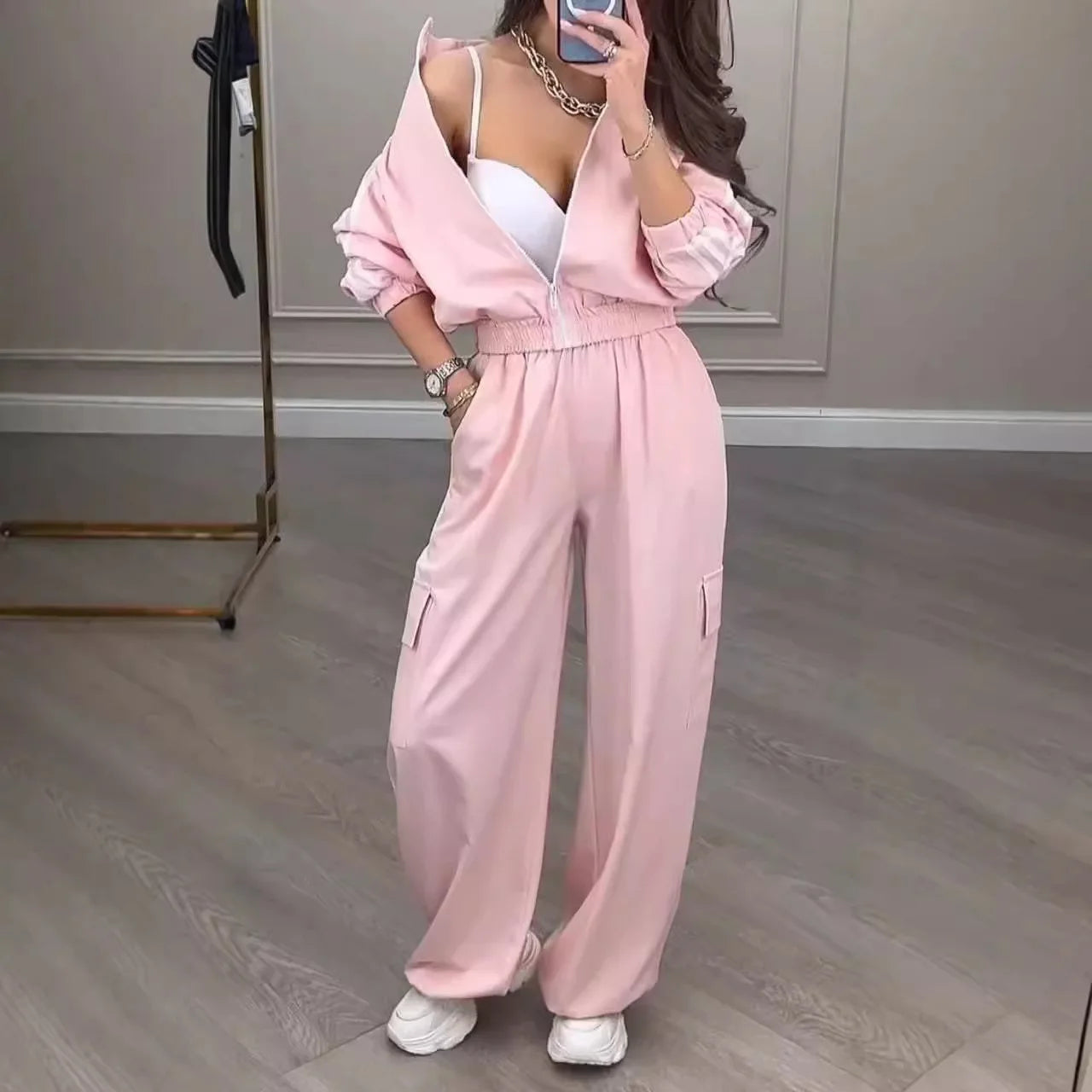 Sports Trousers Loose White Casual Women's Set Fashion Zipper High-waisted Hoodie + Wide-leg Overalls 2-piece Sweatshirt Suit.