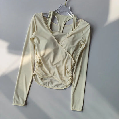 Sexy Mesh Slimming Yoga Suit for Women, Gathering Together, Sports Bra, Two Pieces, Quick Dry Training, Pilates Cover Up Blouse.