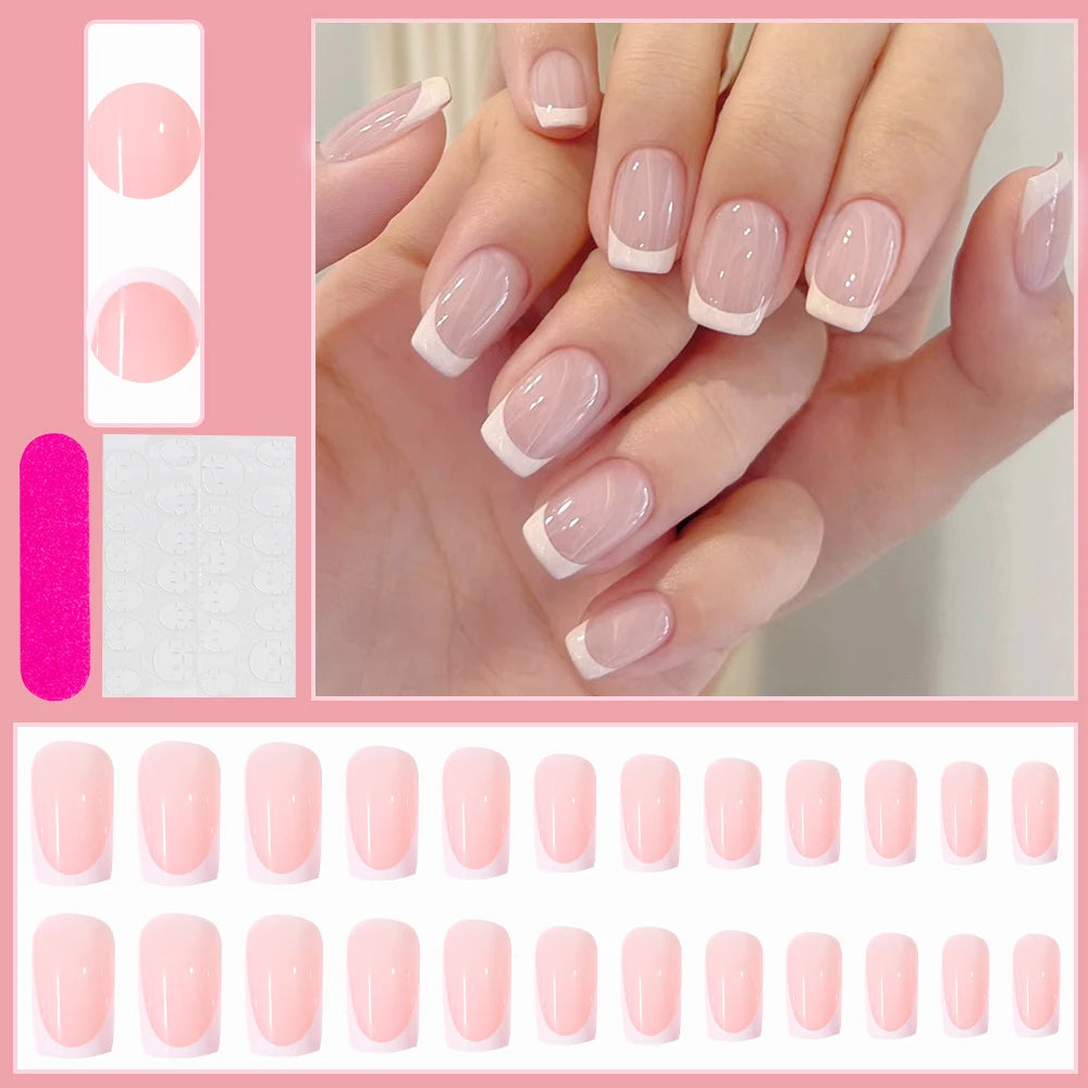 24Pcs White French Press On Nails 3D Bow Design Full Cover Wearable False Nails Short Square Head Ballet Fake Nails For Women.