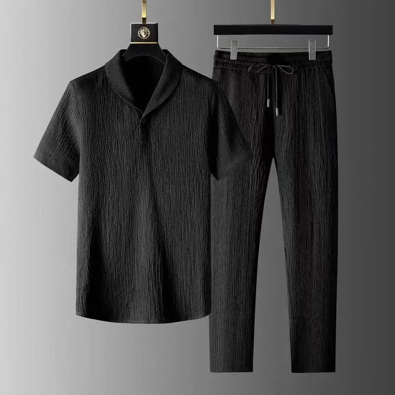 Summer Lightweight Pleated Cotton Casual Sports Set Men's Thin Comfortable Breathable Fashionable Collar Short Sleeve Two-Piece.