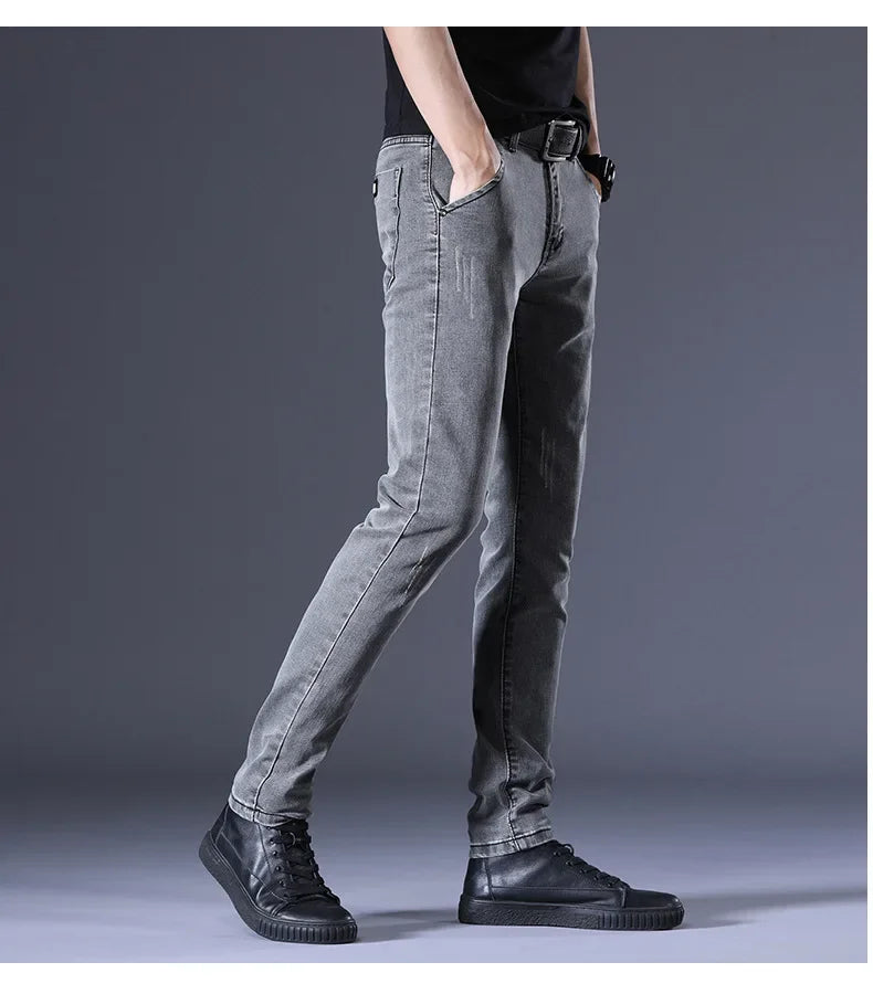 Slim Fit Men's Jeans Casual Elastic Korean Style Autumn Grey Trendy Long Pants Versatile Slim Legged Casual Trousers.