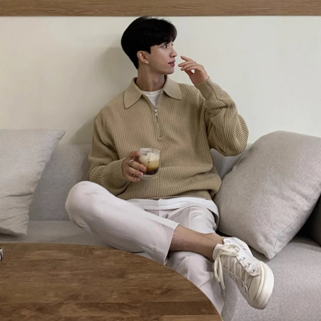 Half Zipper Sweater Men's Autumn and Winter Japanese Retro Korean Lapel Sweater Loose Casual Thread Trend.