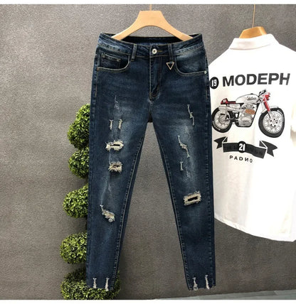 Trendy Unique Holed Men's Jeans Straight Leg Slim Fit Cropped Pants Summer Style Casual Business Fashion Shorts For Men.
