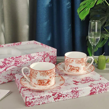 Red, Blue, Gray Tiger Series  Animal Images Bone Porcelain Coffee Cup Plate European Afternoon Tea Cup and Saucer Set Gift Box.