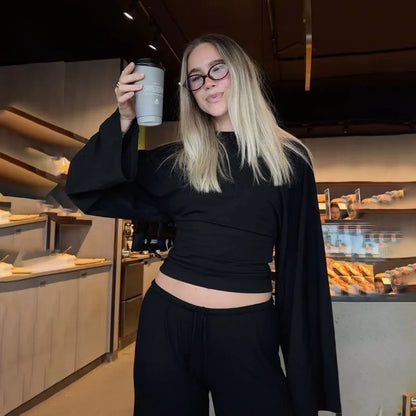 Trendix Basic Long Sleeve Crop Tops Women Summer O Neck Loose Casual Solid Pullover Top Ladies Street Party Club Fashion T Shirt