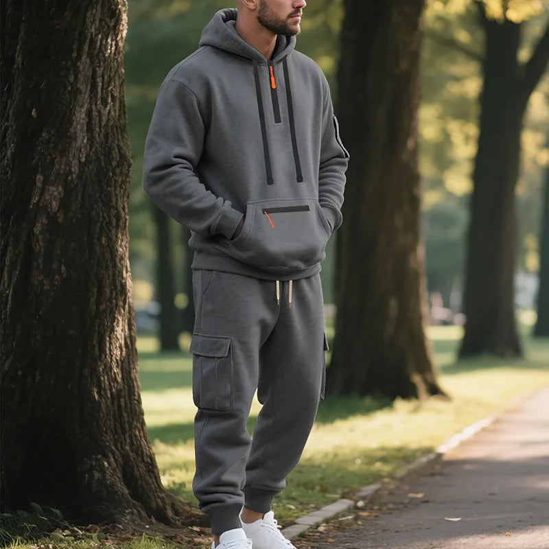 Pullover Hoodie Set Reißverschluss Multi-Pocket Pullover Herren Sport Casual Top Zweiteiliges Set.