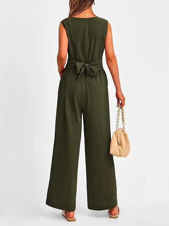 Summer High Waist Lace-up Jumpsuits Women 2025 New Sleeveless V-neck Side Pocket Solid Casual Jumpsuit Office Ladies Rompers