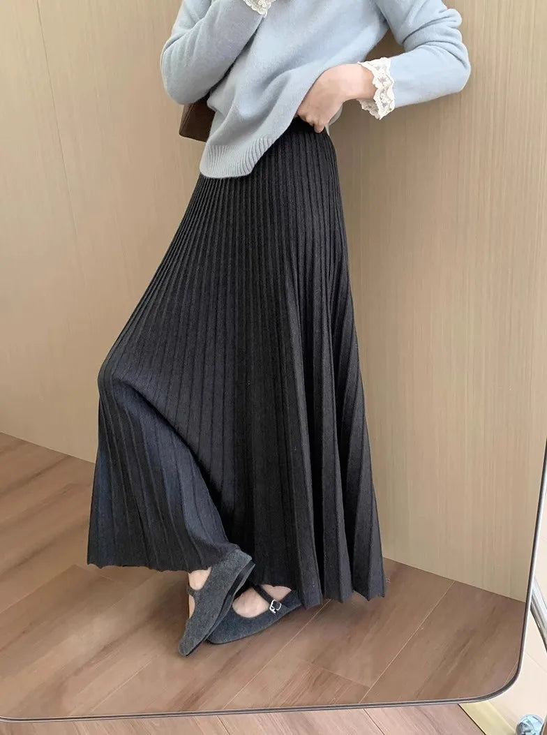2026 Khaki Cashmere Knitted Midi Skirt for Women, Loose Fit, Draped, Slimming A-Line Pleated Skirt for Autumn and Winter