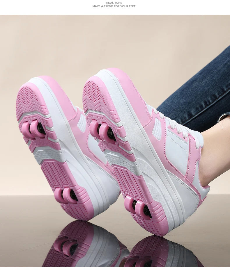 Four wheel roller shoes Boys girls walking shoes Casual outdoor sports slide and shrink school students pulleys shoes sneakers.