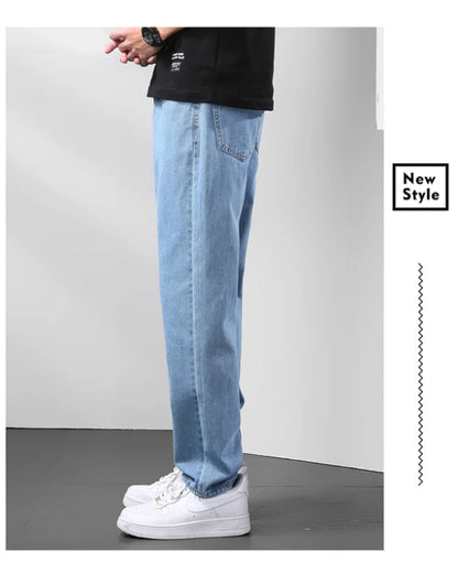 Light Blue American Retro Jeans Men Soft Loose Straight Cylinder High Street Workwear Casual Loose Legs Pants.