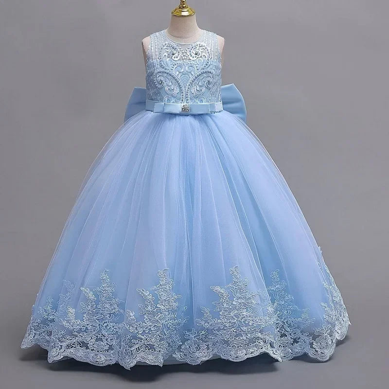 Gesticktes Mesh-Hochzeitskleid, Blumenmädchen-Performance-Mädchenkleid, 4–12 Jahre altes Mädchen-Prinzessinnenkleid mit großer Schleife.