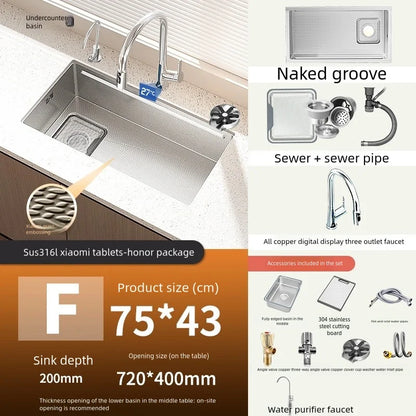 316L Stainless Steels Kitchen Sink Scratch and Grease Resistant Large Single Slot Household Left Right Mount Undermount Basin