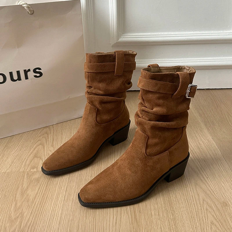 Autumn Winter Suede Pointed Toe Women Ankle Boots Fashion Slip On Thick Heel Shoes Ladies Elegant Slim Short Booties