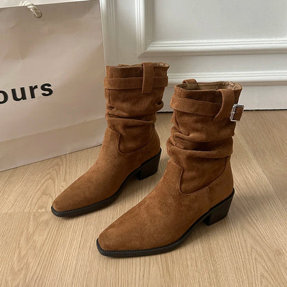 Autumn Winter Suede Pointed Toe Women Ankle Boots Fashion Slip On Thick Heel Shoes Ladies Elegant Slim Short Booties