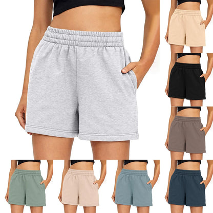 Plain Color Sports Shorts Casual Summer Comfortable And Soft Elastic High Waist Running Shorts With Pockets For Women.