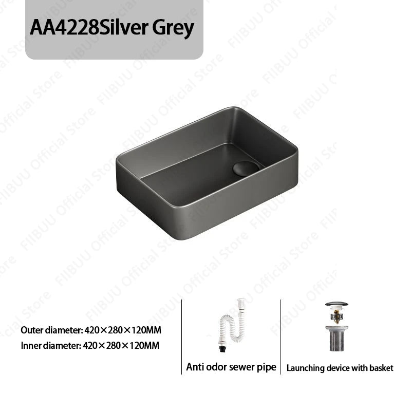 Rechteckiges silbergraues Porzellan-Keramikgefäßwaschbecken über der Theke, Toilette, Badezimmer-Schminktisch, Waschbecken, glasiertes weißes Waschbecken