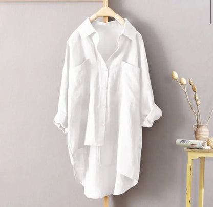 S-5XL Button Up Shirts Women Oversized Summer Autumn Cotton Linen Blouses Fashion White Casual Loose Solid Rollable Sleeve Tops.