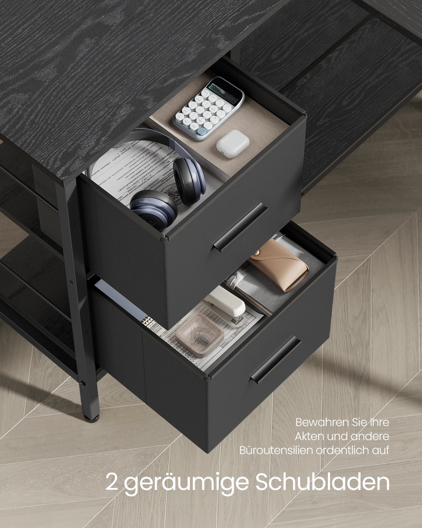 VASAGLE L-förmiger Schreibtisch, 2 geräumige Schubladen, Computertisch mit Monitorständer, Eckschreibtisch