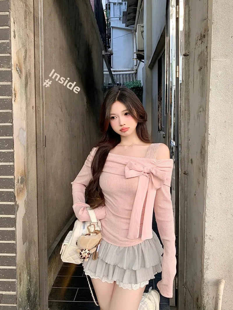 Morning Collar French Style One Shoulder Butterfly Knot Long Sleeve T-Shirt Women's Autumn Winter Slim Fit Inner Wear Top.