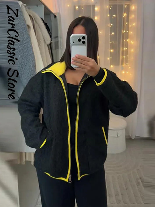Lässige Kontrast-Fleecejacke für Damen, Stehkragen, Reißverschlusstaschen, volle Ärmel, weiblicher Mantel, 2025, Herbst-Winter-Dame, neu im Oberbekleidung