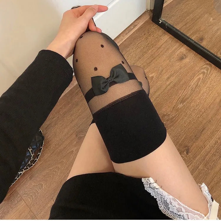 Japanese Style Thigh High Stockings Long Socks Women Cute Sweet Girls Lolita Bow Over Knee Socks Polka Dot Summer Nylon Stocking.
