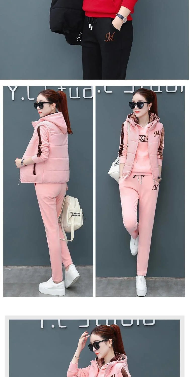2024 Autumn Winter New Women's Casual Sweat Suit Fashion Plush Thickened Hooded Tops Waistcoat Pants 3 Three Piece Set For Women.