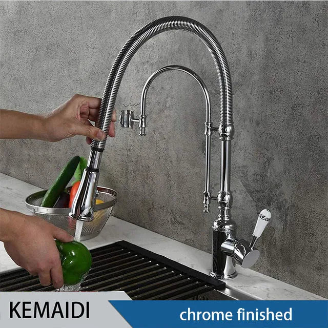 KEMAIDI Golden Spring Pull Down Kitchen Sink Faucet Hot & Cold Mixer Crane Tap with Dual Spout Deck Mounted Hot Cold Faucets