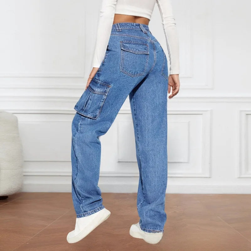 Street Style Casual Wide Leg Jeans Multiple Pockets High Waist Straight Cut Non-Stretch Denim for Women Trendy Autumn 2025.