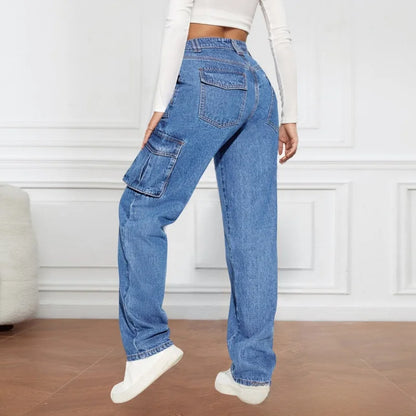 Street Style Casual Wide Leg Jeans Multiple Pockets High Waist Straight Cut Non-Stretch Denim for Women Trendy Autumn 2025.