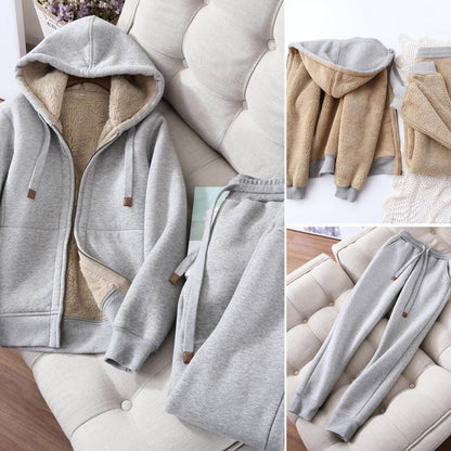 Women's Sweatshirt Pants Suit Autumn and Winter Warm Long-sleeved Fleece Thick Hoodie Coat Jogger Pants Sportswear Two-piece Set.