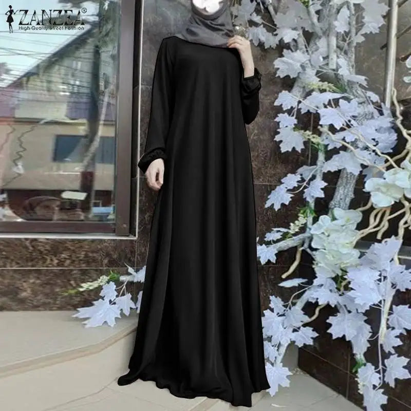 ZANZEA Muslim Women Summer Abaya Sundress Solid Islamic Clothing Marocain Vestido Robe Femme Fashion Long Sleeve Kaftan Dress.
