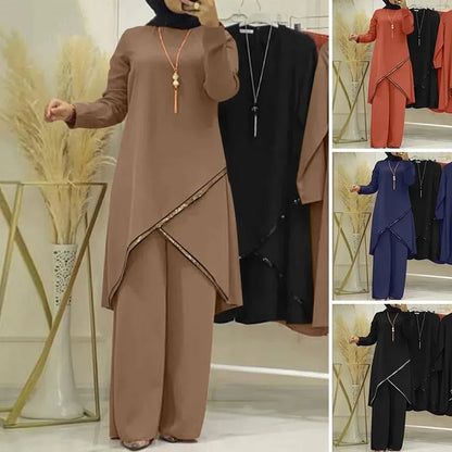 Women Eid Musulman Ensemble Muslim Sets Solid Blouses Wide Leg Pants Ramadan Morocco Two Pieces Dubai Kaftan Loose Modest.