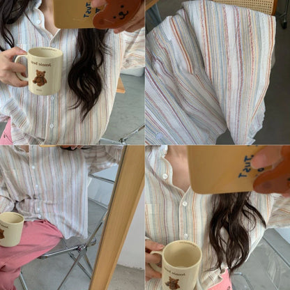 Vintage Office Lady Striped Shirt Spring Pocket Turn Down Collar Tops Korean Style Loose Long Sleeve Blouse Casual Women Clothes.