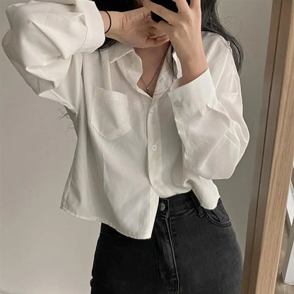 Long Sleeved Shirt And Blouse Simple Single Breasted Loose Casual Solid OL Trend Short Top Simple Elegant Fashion Women Clothes.