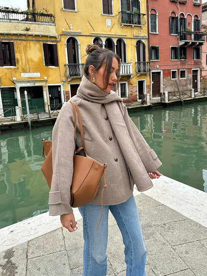 Women Fashion Brown Scarf Coat Jacket Loose Long Sleeve Single Breasted Pocket Jacket Fall/Winter Casual Wool Blend Jacket.