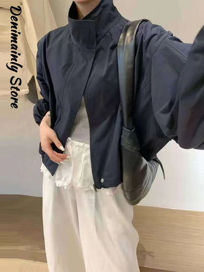 Straße Solide Zipper Dünne Jacke Frauen Stehen Kragen Volle Hülse Kordelzug Straße Jacken 2025, Herbst Dame Casual Outwears Neue.