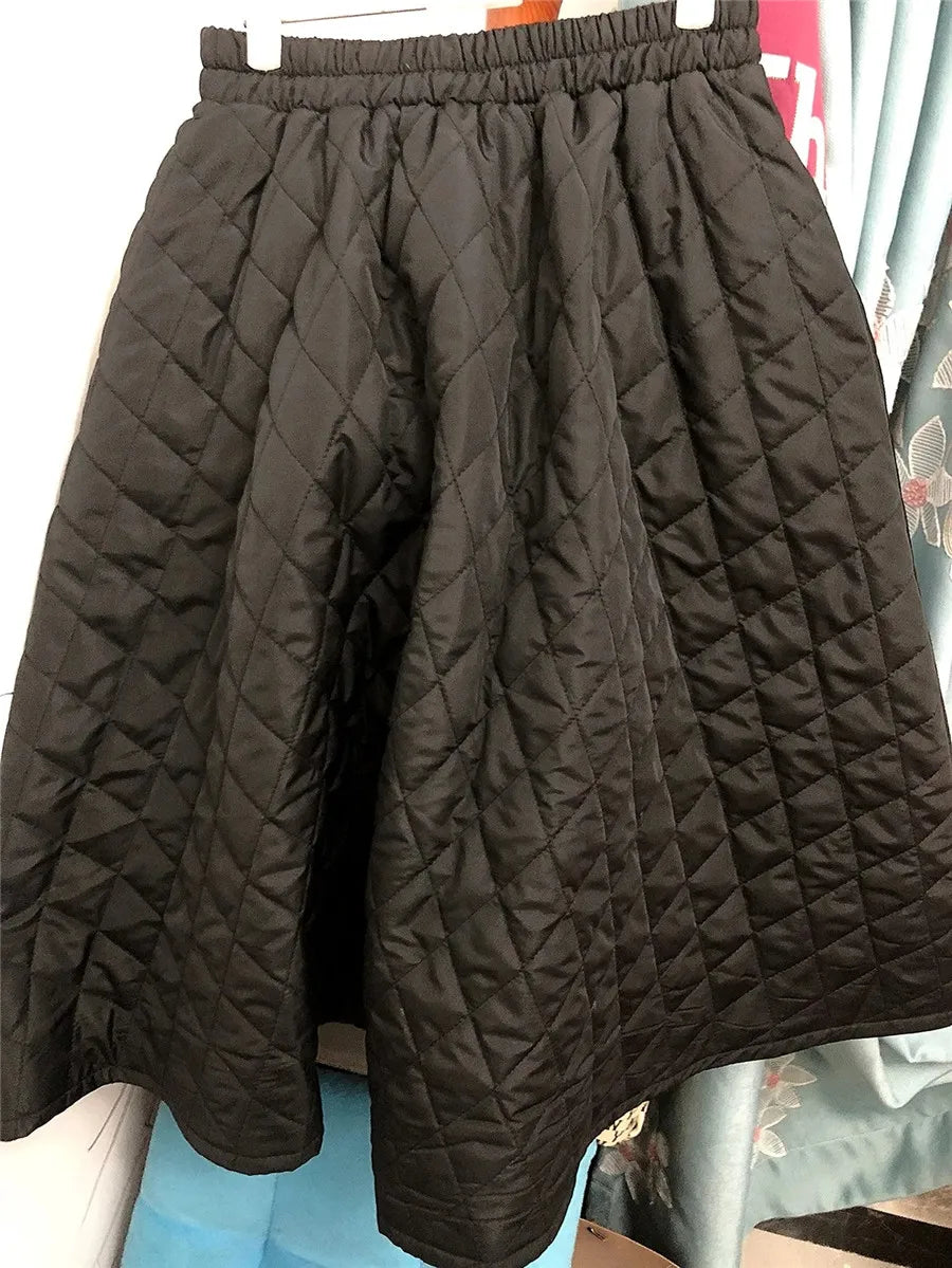 Autumn Winter Cotton Quilted Skirt Warm Womens A-line Faldas Vintage Thicken High Waist Saias Korean Fashion Knee-length Skirts.