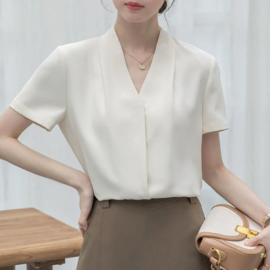 2025 Fashion Summer Short Sleeve V-Neck Women Blouse White Blouse Shirt Women Tops Blouses Shirts Blusas Para Mujer Camisas XL86.