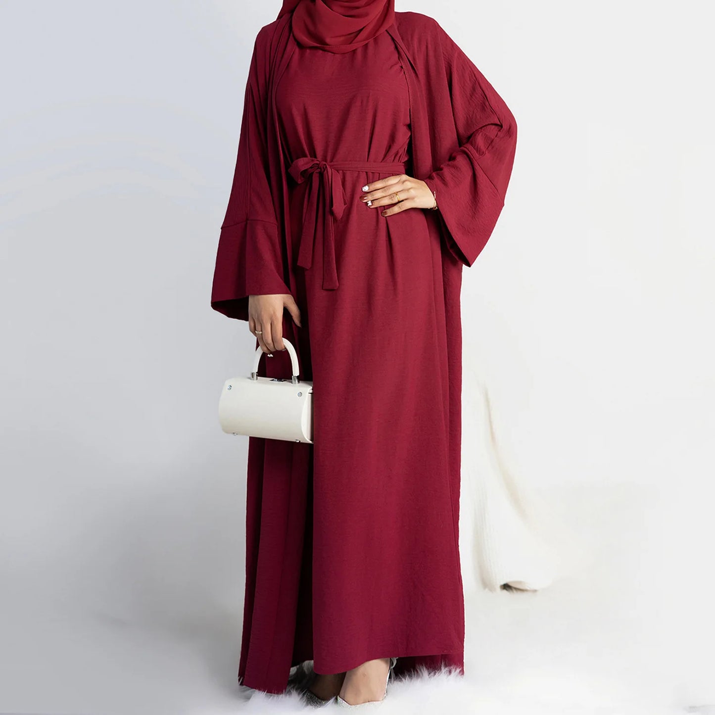 2 Piece Open Abaya for Women Long Hijab Dress Ramadan Eid Crepe Islamic Clothing Dubai Turkey Party Kaftan Outfit Muslim Set