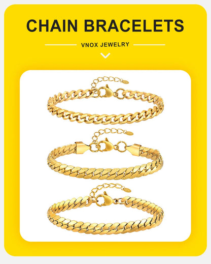 Vnox 6mm Flat Cuban Chain Bracelets for Women Girls, Macrame Edge Curb Links Bracelet,Gold Plated Stainless Steel with K18 Stamp.