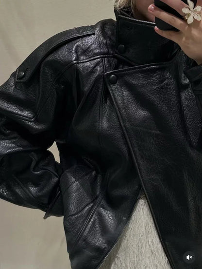 ETJ 2025 neue Damenmode, lockere Version der Stehkragen-Kunstlederjacke, Streetstyle, coole, hübsche Lederjacke