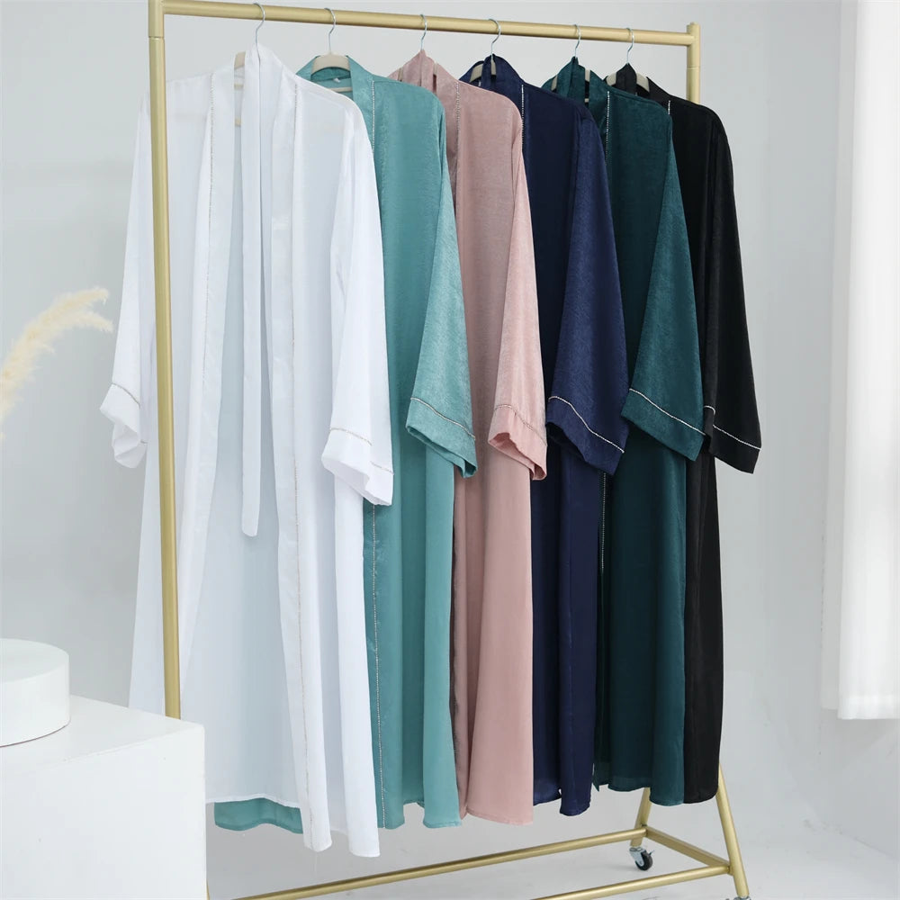 Ramadan Eid Open Satin Shimmer Kimono Abaya Damen Dubai Luxury Islam Muslim Kaftan Dress For Women Kebaya Robe Musulmane Femme.
