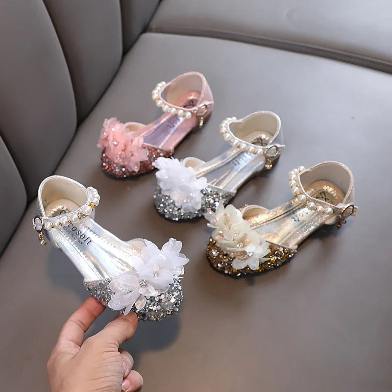 Fashion Children's Sandals 2024 Spring Summer Shining Flowers Sweet Girl Princess Shoes Dance Performance Kids Sandals J191.