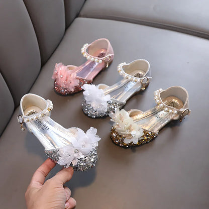 Fashion Children's Sandals 2024 Spring Summer Shining Flowers Sweet Girl Princess Shoes Dance Performance Kids Sandals J191.