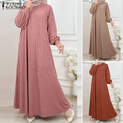 ZANZEA Fashion Muslim Abaya Women Autumn Maxi Sundress Casual Long Sleeve Kaftan Hijab Vestido Solid Loose Islamic Clothing 2024.