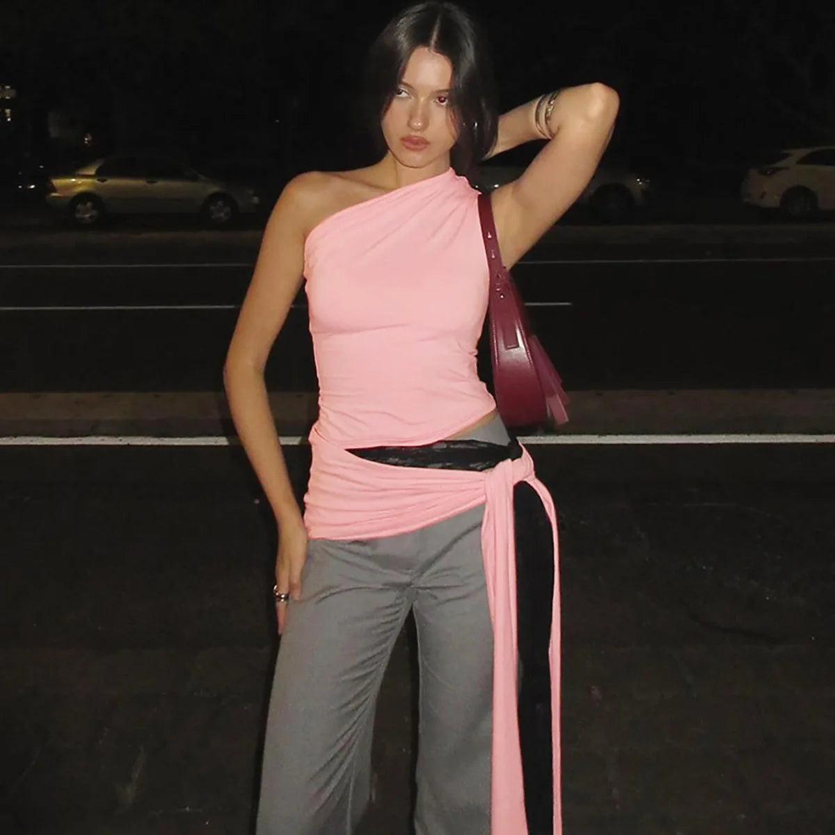 Cryptographic One Shoulder Solid Lace Up Tops Summer Y2K Outfits Sexy Backless Sleeveless Crop Tank Coquette Streetwear Clothes